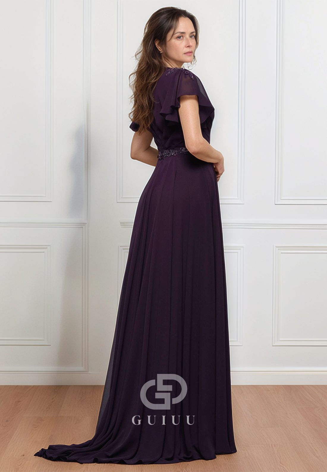 A-Line Short Sleeves V-Neck Empire-Waist Mother of the Bride Dress