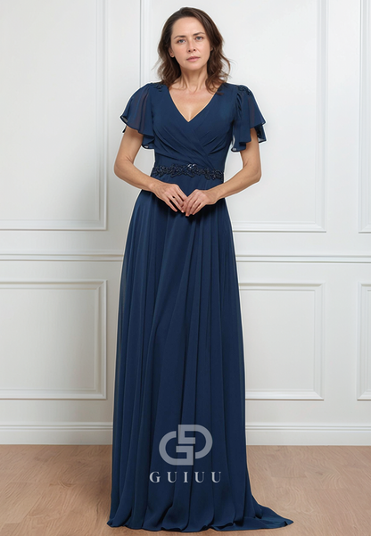 A-Line Short Sleeves V-Neck Empire-Waist Mother of the Bride Dress