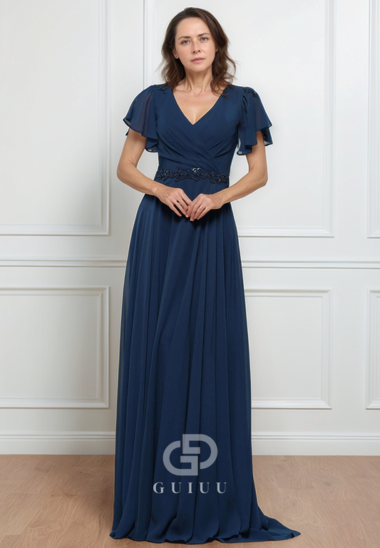 A-Line Short Sleeves V-Neck Empire-Waist Mother of the Bride Dress