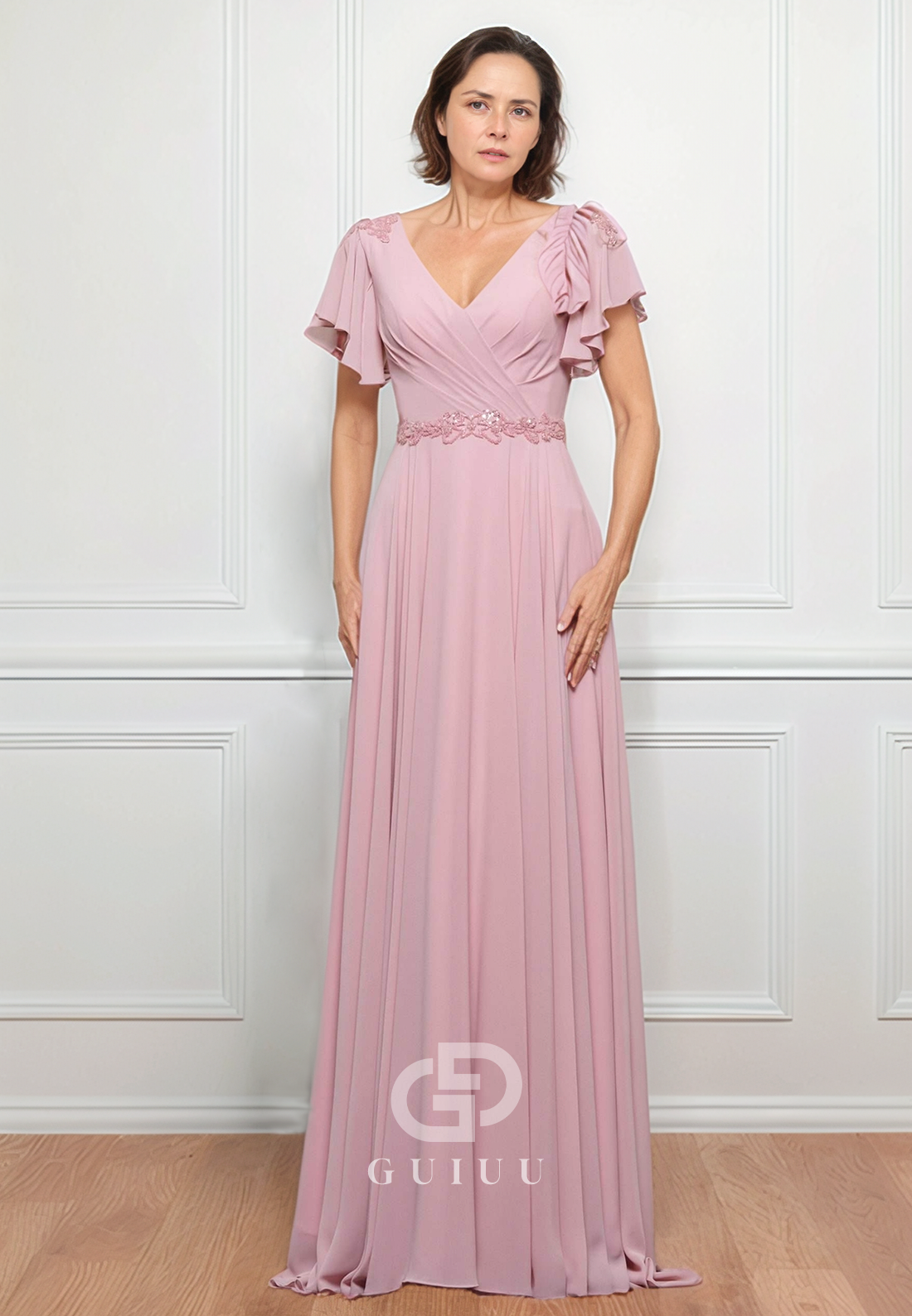 A-Line Short Sleeves V-Neck Empire-Waist Mother of the Bride Dress