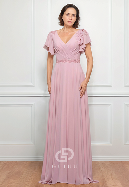 A-Line Short Sleeves V-Neck Empire-Waist Mother of the Bride Dress