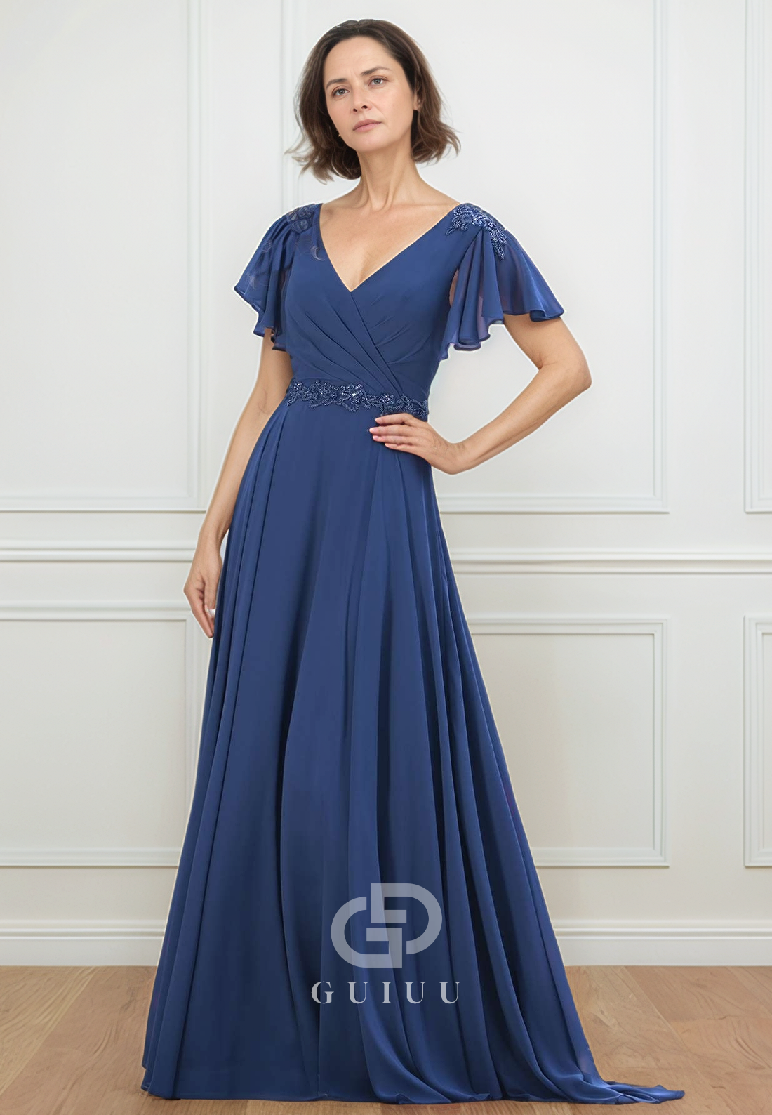 A-Line Short Sleeves V-Neck Empire-Waist Mother of the Bride Dress