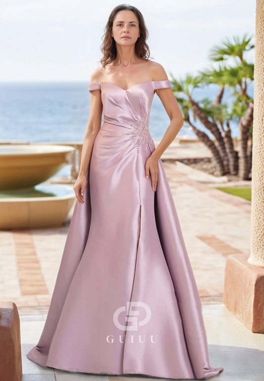 Elegant Off-Shoulder Appliques Ruched Satin Mother of the Bride Dress