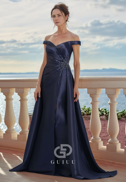 Elegant Off-Shoulder Appliques Ruched Satin Mother of the Bride Dress
