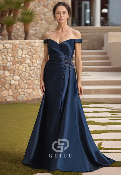 Elegant Off-Shoulder Appliques Ruched Satin Mother of the Bride Dress