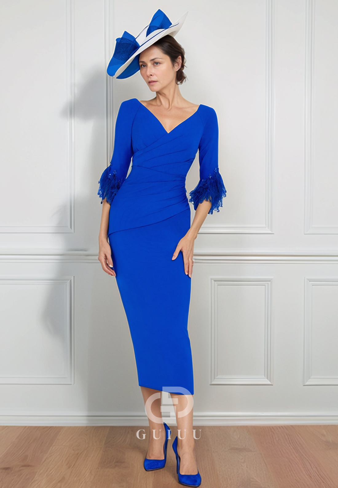 Elegant Sheath Half Sleeves V-Neck Satin Mother of the Bride Dress
