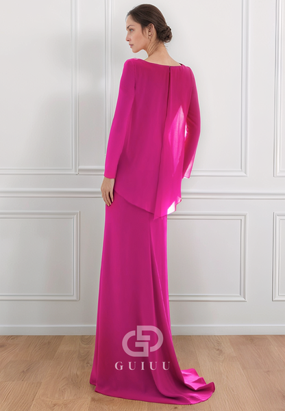 Fuchsia A-Line Long Sleeves Scoop Floor-Length Mother of the Bride Dress