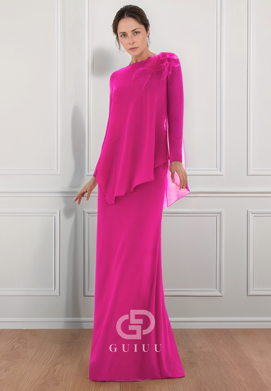 Fuchsia A-Line Long Sleeves Scoop Floor-Length Mother of the Bride Dress
