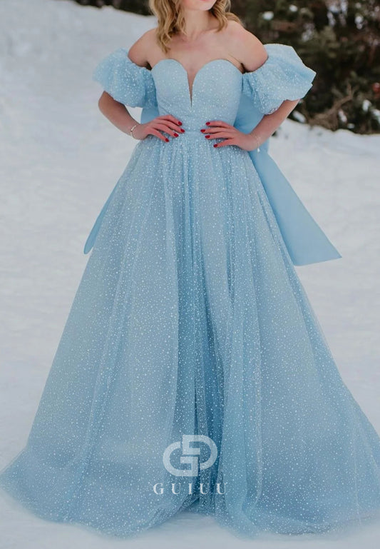 Sweetheart Sky Blue A-Line Long Prom Dress with Bow