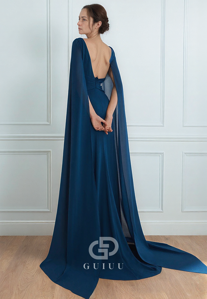 Dark Navy Long Sleeves Backless Chiffon Mother of the Bride Dress
