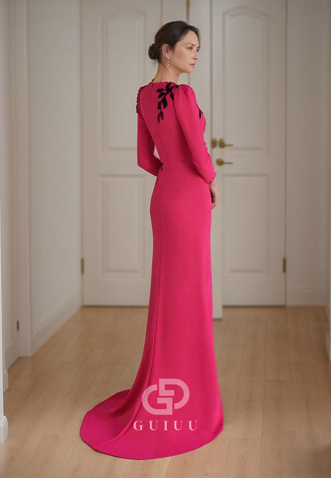 Fuchsia Long Sleeves Scoop Floor-Length Satin Mother of the Bride Dress