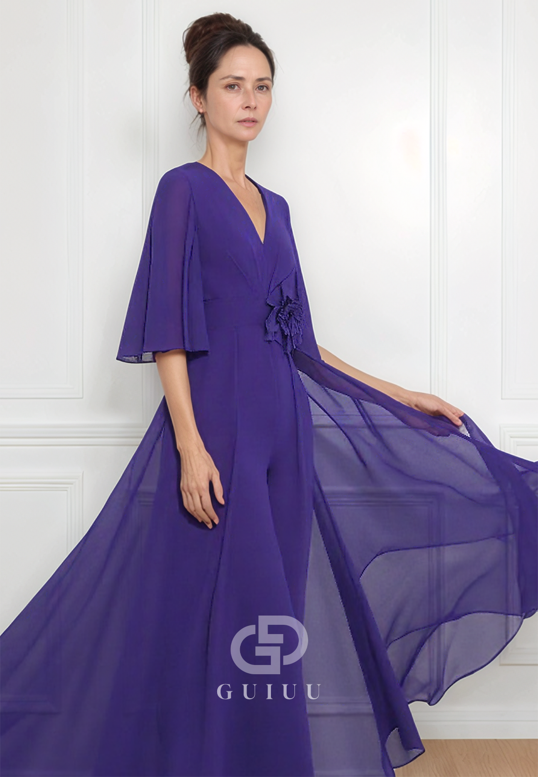 Regency V-Neck Short Sleeves Sweep Train Chiffon Mother of the Bride Dress