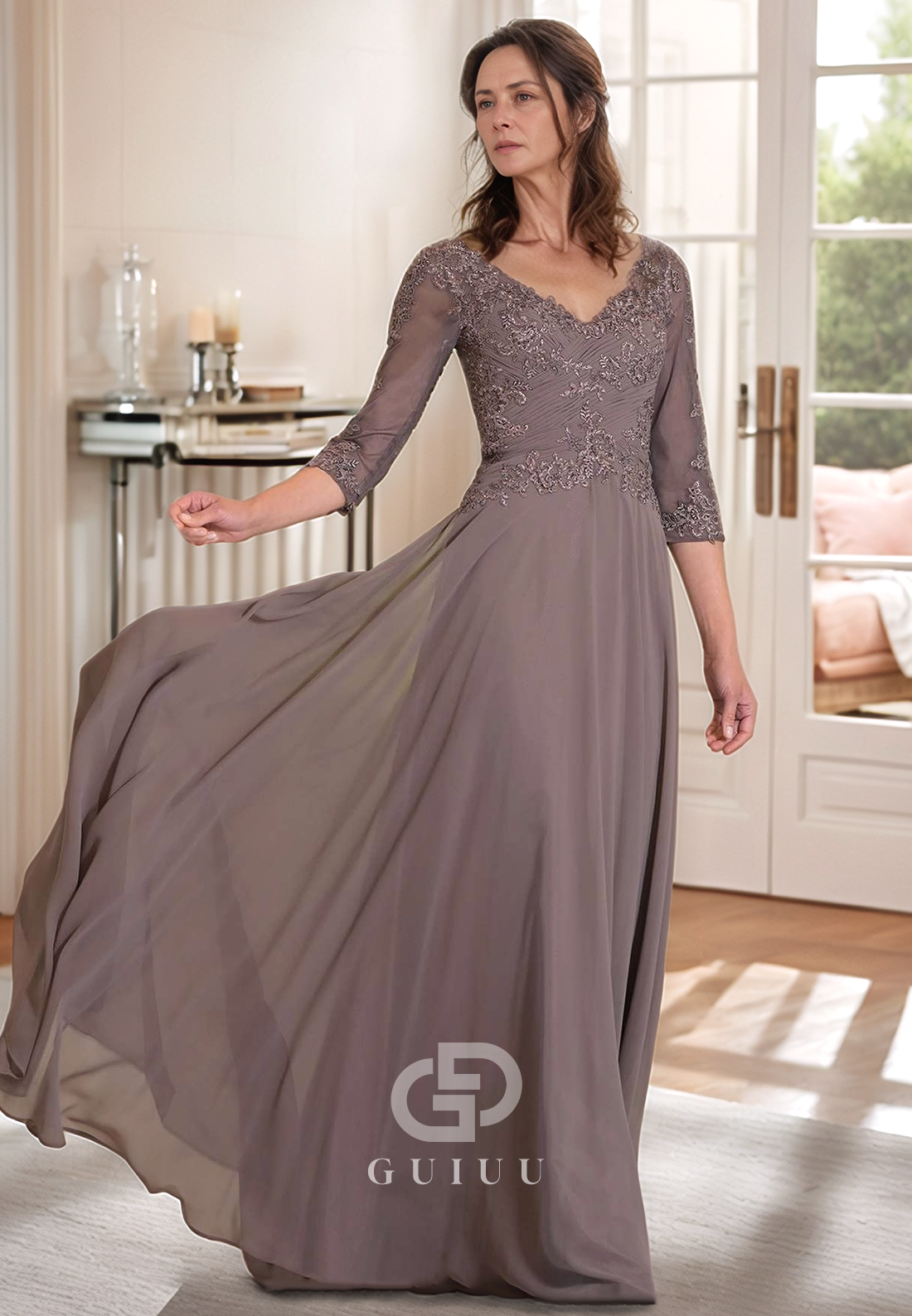 Dusty Lavender Long Sleeves Scoop Appliques Corset Mother of the Bride Dress