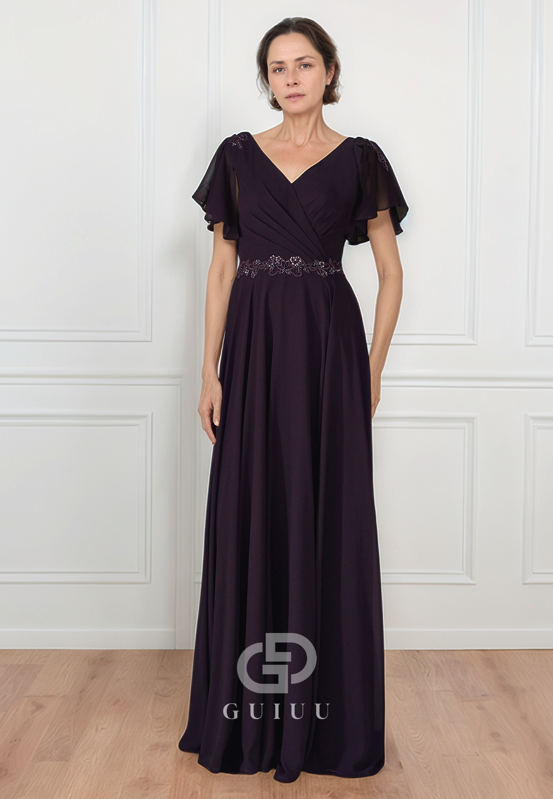 A-Line Short Sleeves V-Neck Empire-Waist Mother of the Bride Dress