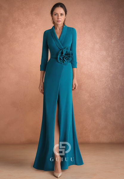 Peacock Long Sleeves V-Neck Floral Appliques Slit Mother of the Bride Dress