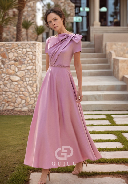 Candy Pink A-Line Short Sleeves Empire-Waist Mother of the Bride Dress