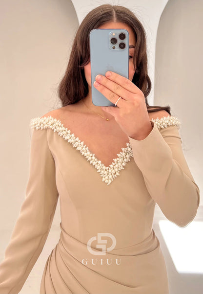 Vintage Rose Long Sleeves V-Neck Ruched Evening Dress