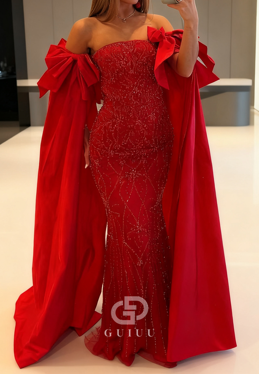 Red Cape Bowknot Sequins Sheath Prom Dress