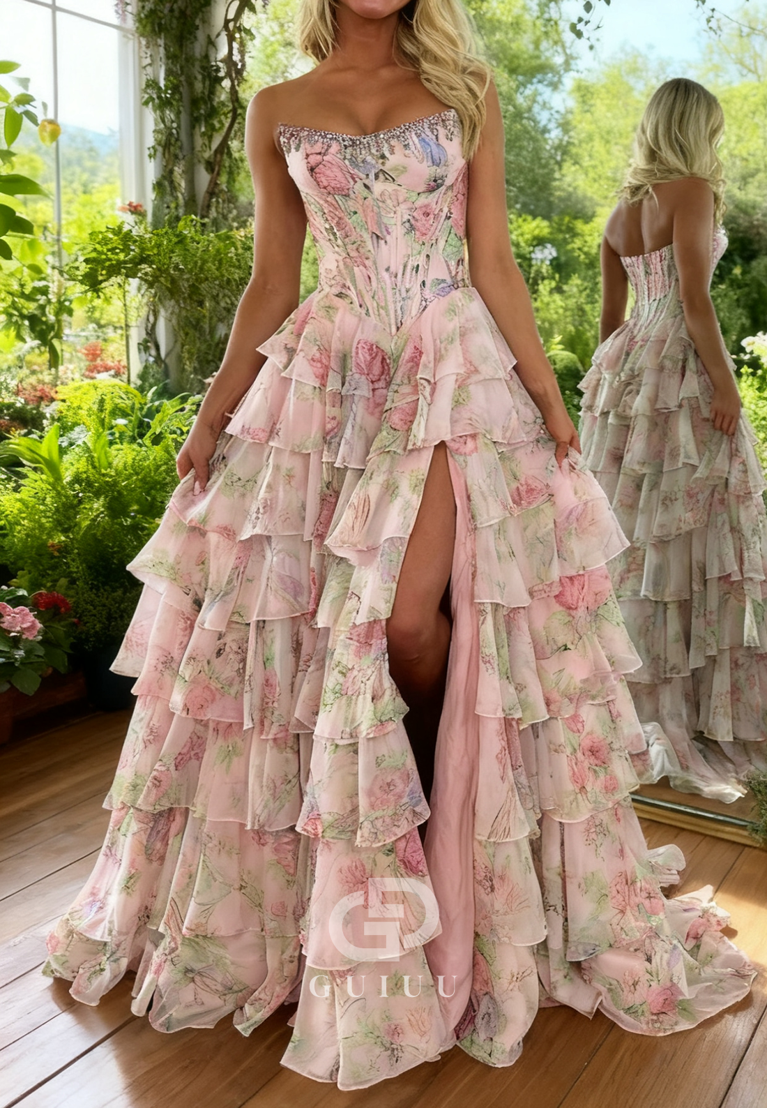 Charming A-Line Sleeveless Strapless Ruffles Slit Prom Dress