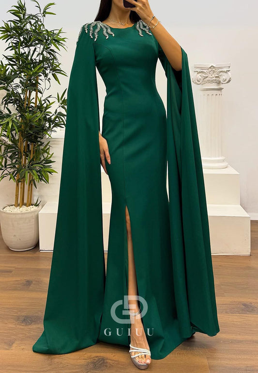 Mermaid Long Sleeves Scoop Satin Evening Dress