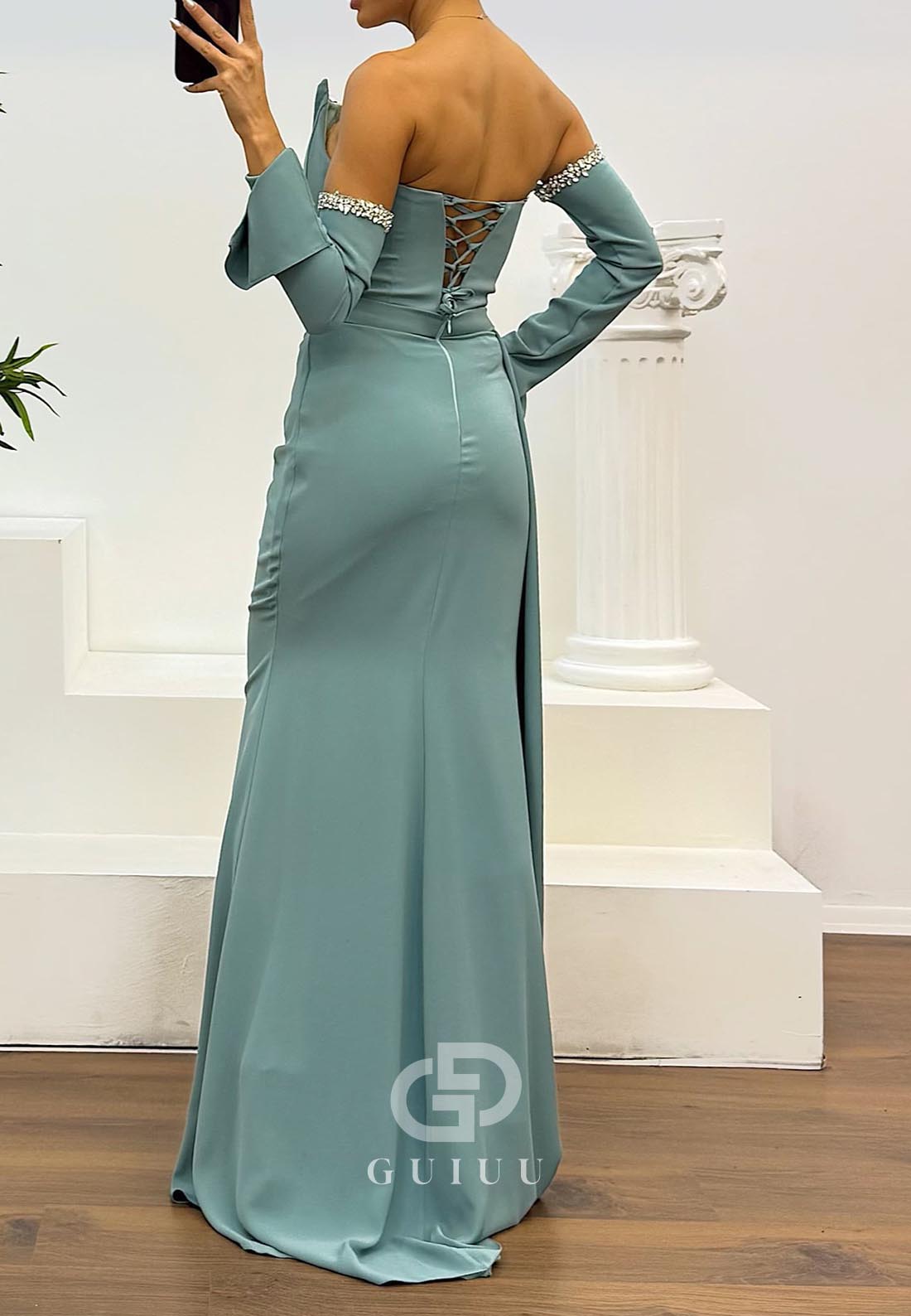 Agave Sheath Long Sleeves Off-Shoulder Ruched Evening Dress