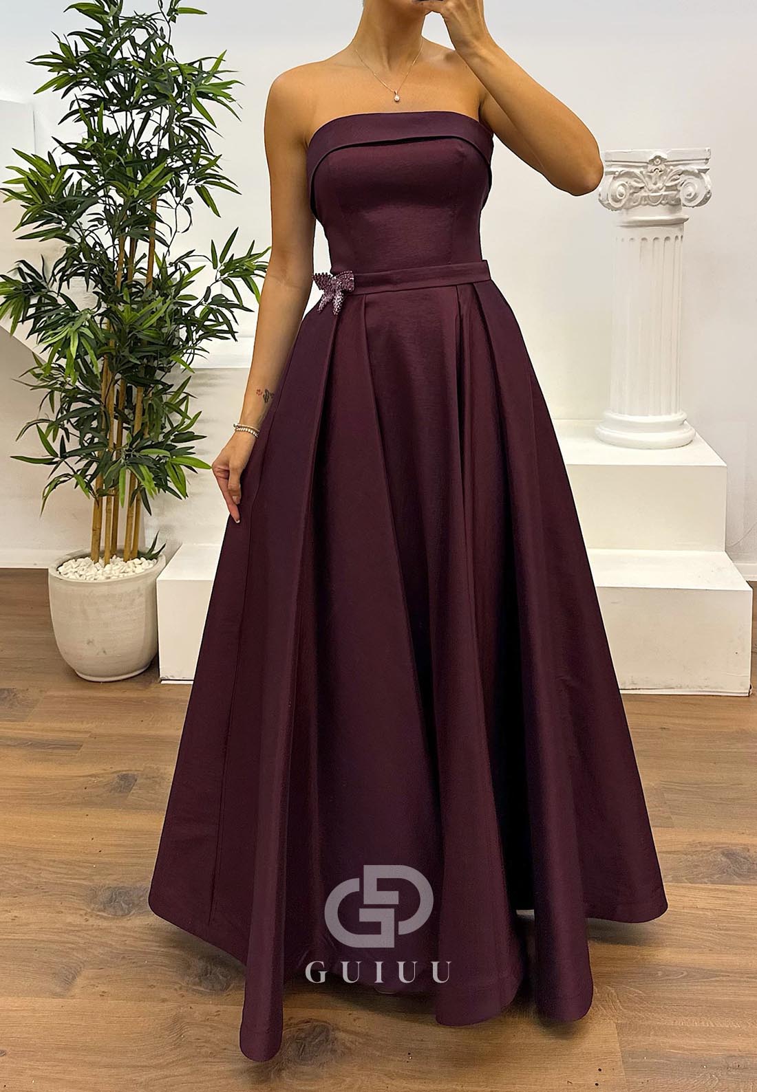 Plum A-Line Strapless Sleeveless Empire-Waist Evening Dress