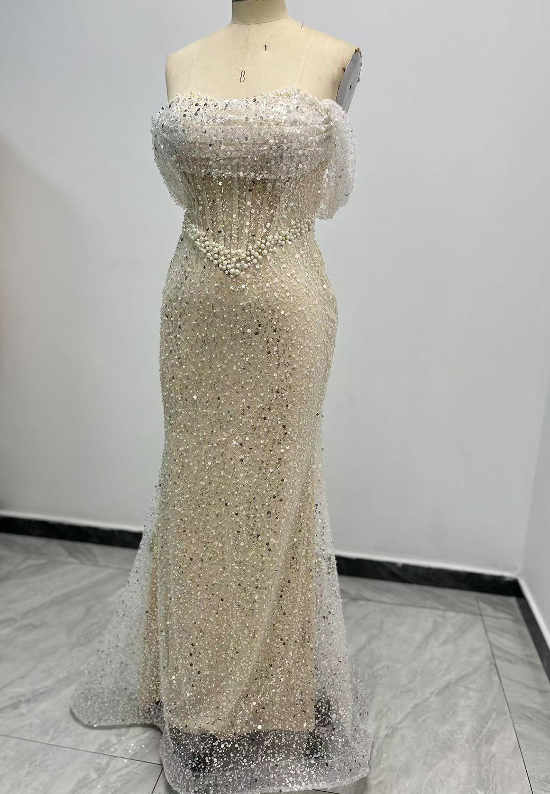 G3275 - Chic & Modern Beaded Off-Shoulder Pleats Champagne Party Prom Evening Dresses