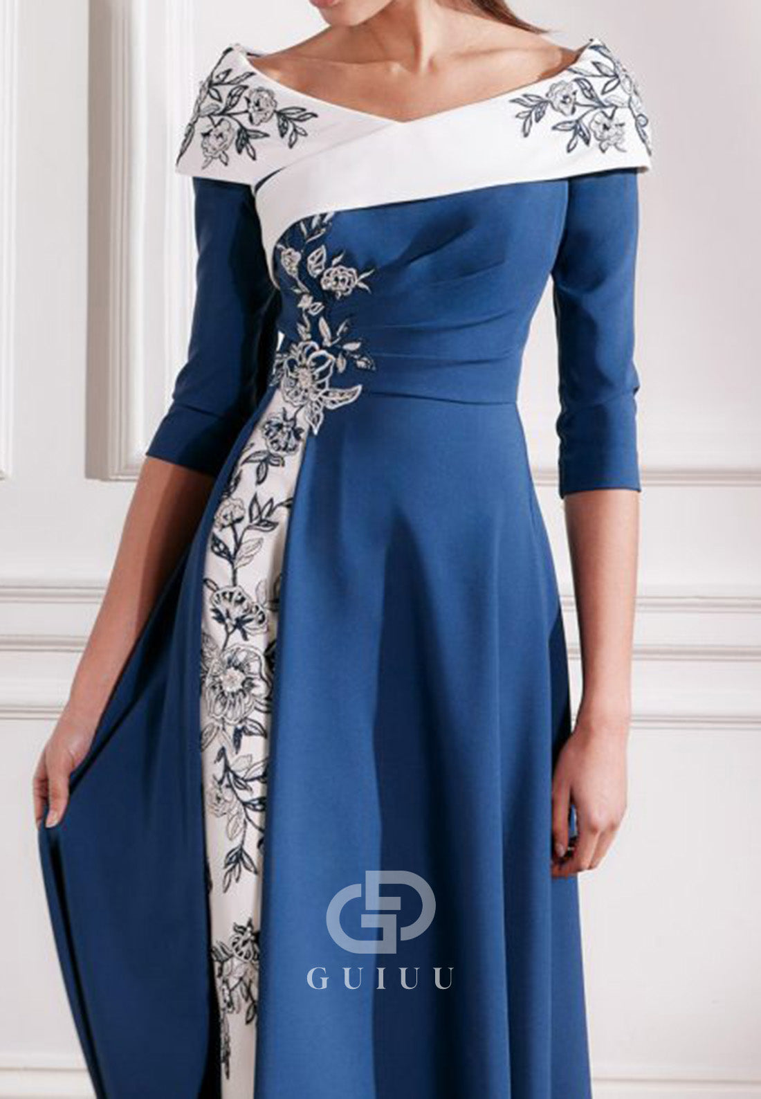 Ink Blue Long Sleeves Of-Shoulder A-Line Appliques Mother of the Bride Dress