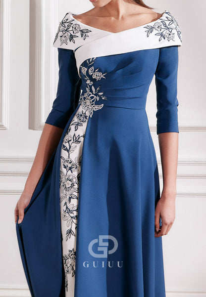 Ink Blue Long Sleeves Of-Shoulder A-Line Appliques Mother of the Bride Dress