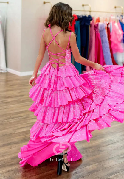 Candy Pink Spaghetti Straps V-Neck Ruffles Prom Dress