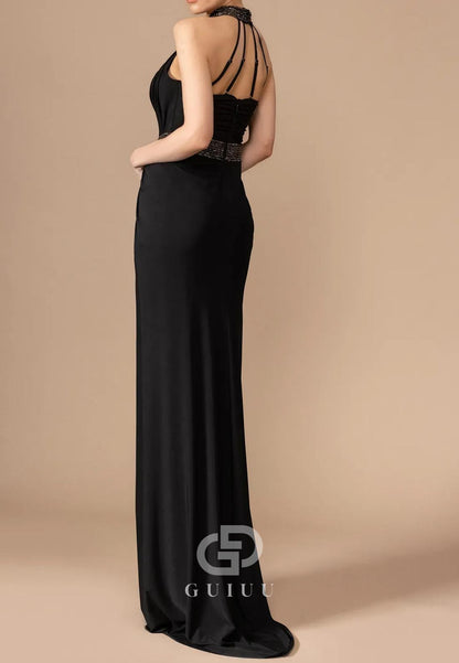 Halter Sleeveless Corset Slit Ruched Evening Dress