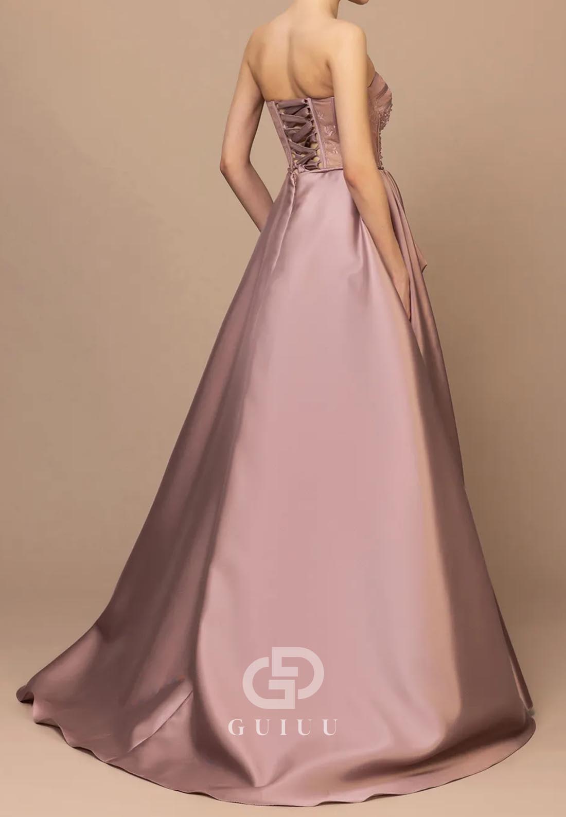 A-Line Strapless Sleeveless Slit Ruched Evening Dress