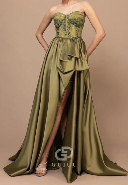 A-Line Strapless Sleeveless Slit Ruched Evening Dress