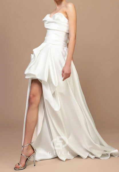 A-Line Strapless Sleeveless High Low Evening Dress