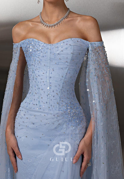 Sky Blue Off-Shoulder Cape Sequins A-Line Evening Dress