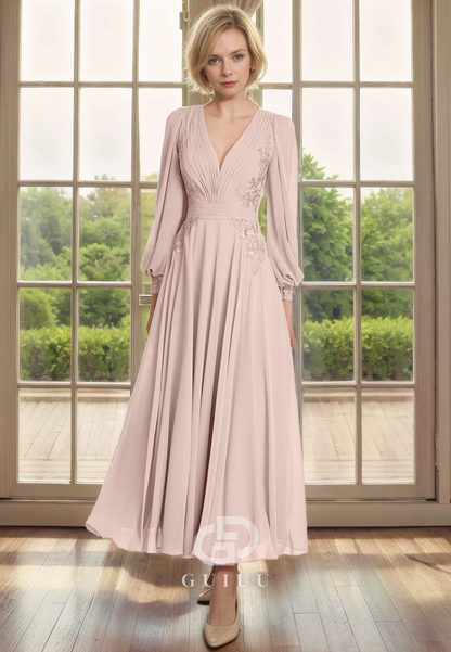A-Line V Neck Long Sleeves Appliques Tea Length Chiffon Mother of Bride Dress