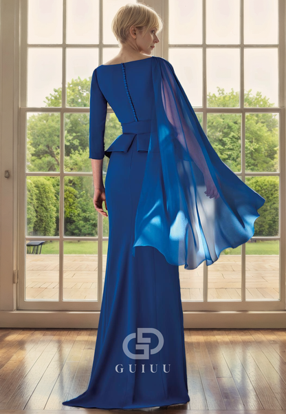 Mermaid V Neck 34 Length Sleeve Pleated Ruffles Back Button Chiffon Mother of Bride Dress with Belt