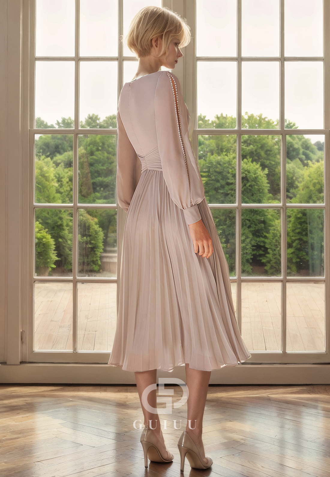 A-Line V Neck Long Sleeves Pleated Beaded Back Zipper Tea Length Chiffon Mother of Bride Dress