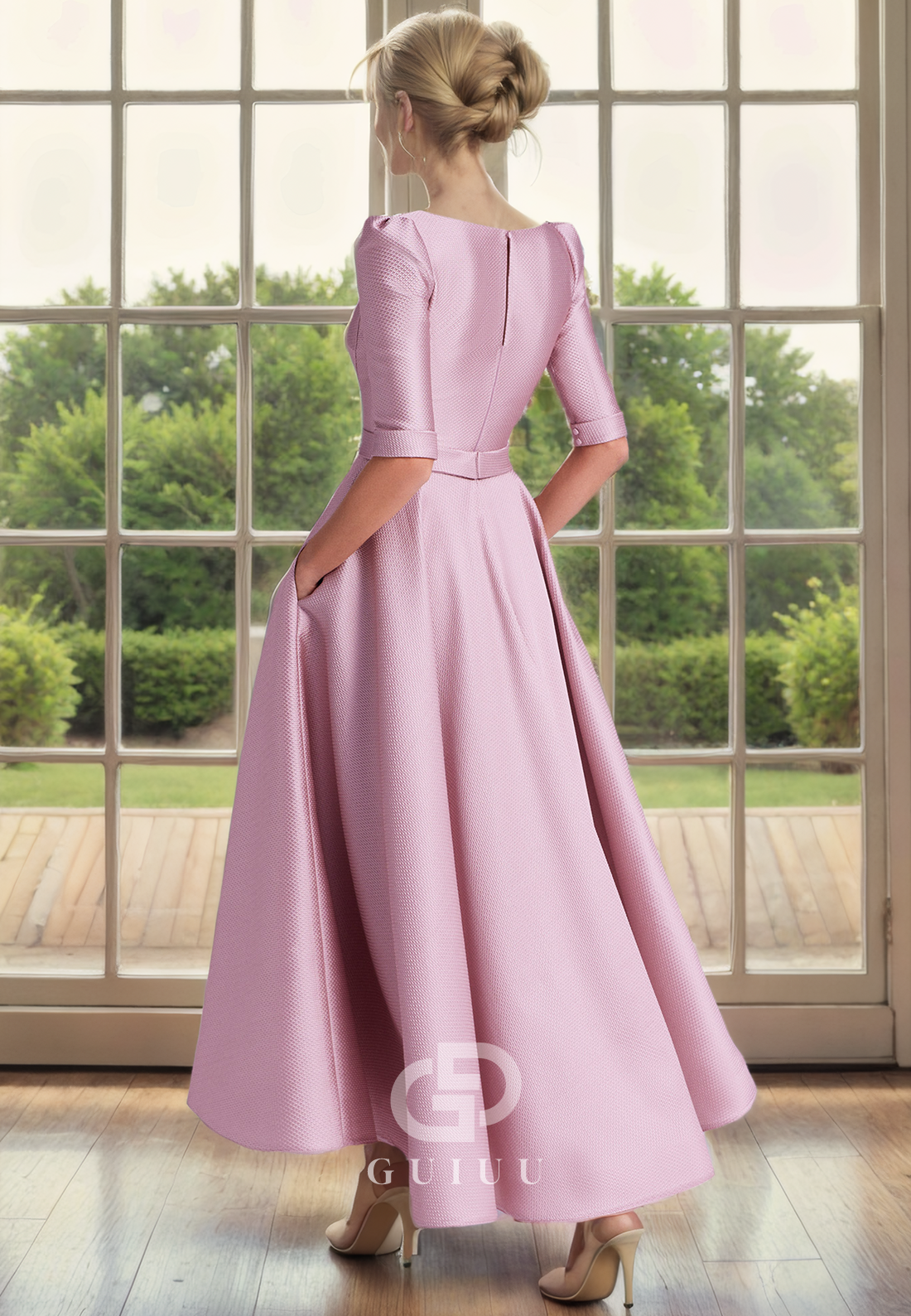 A-Line V Neck Half Sleeves Back Zipper Tea Length Satin Mother of Bride Dress