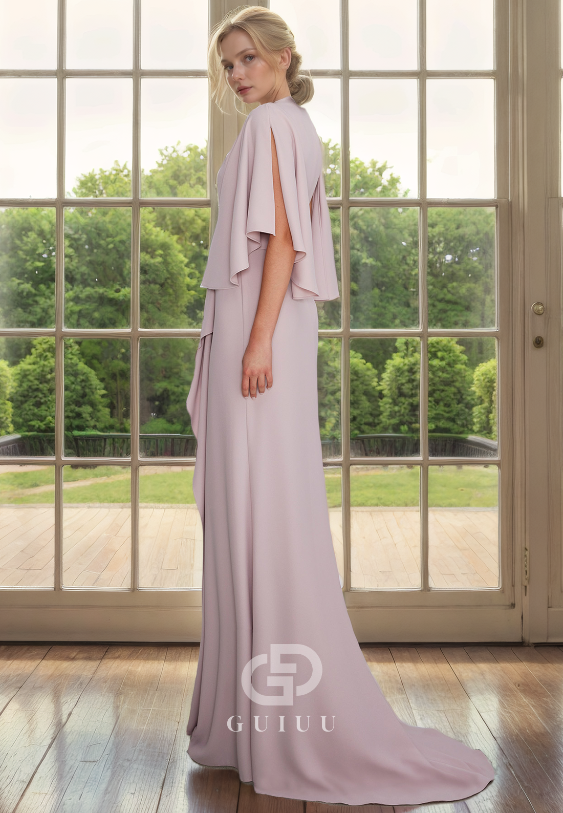 Sheath V Neck Half Sleeves Ruffles Back Zipper Chiffon Mother of Bride Dress