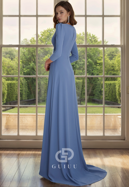 A-Line Scoop Neck 34 Length Sleeves Pleated Back Zipper Mother of Bride Dress with Train