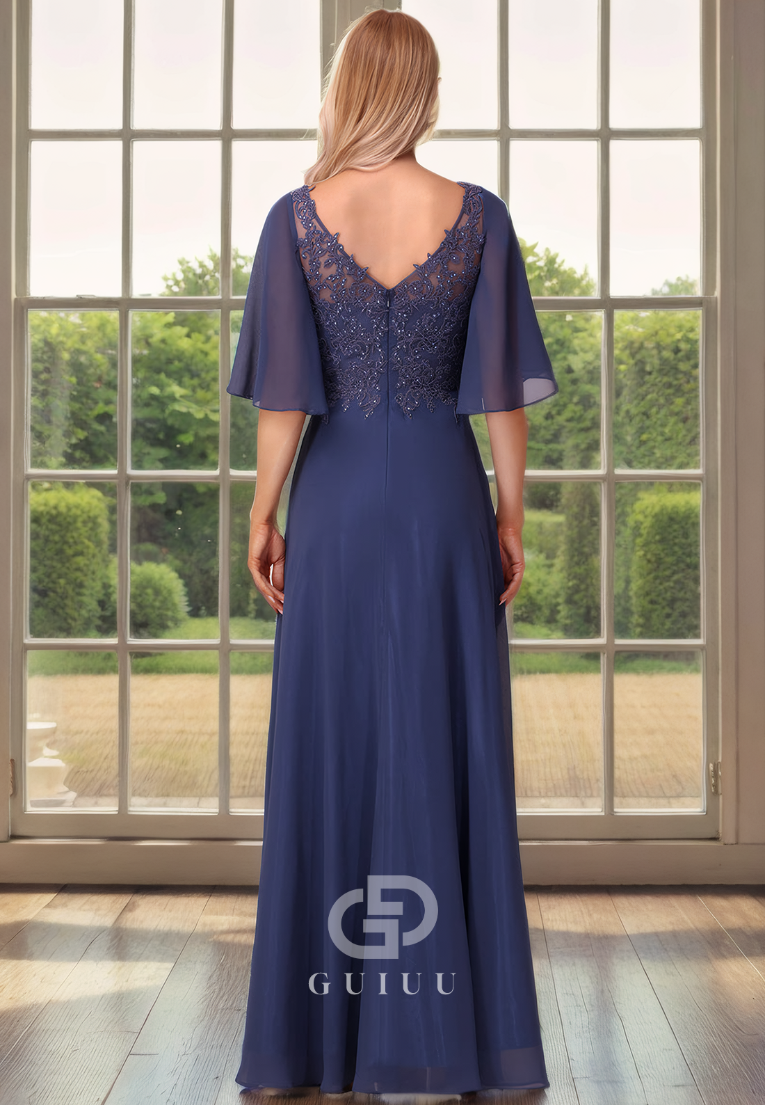 A-Line V Neck Half Sleeves Appliques Beaded Back Zipper Chiffon Mother of Bride Dress