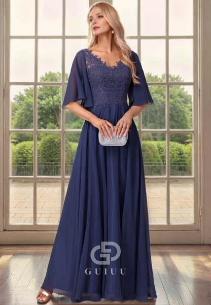 A-Line V Neck Half Sleeves Appliques Beaded Back Zipper Chiffon Mother of Bride Dress