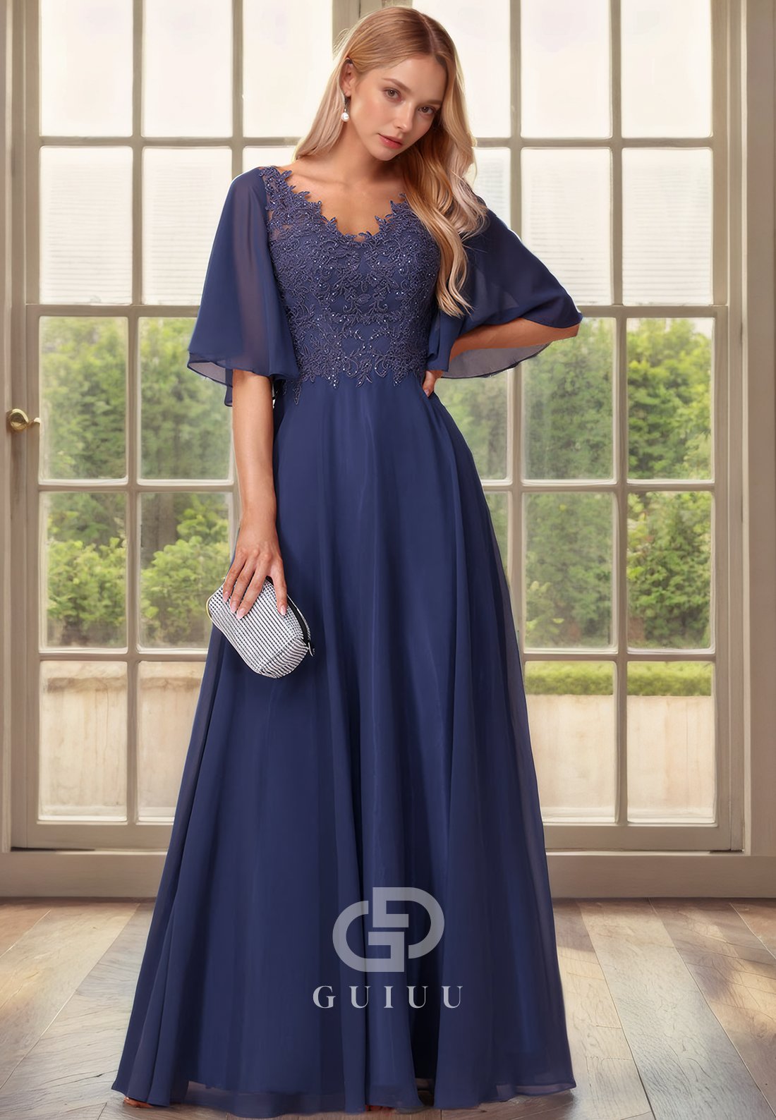 A-Line V Neck Half Sleeves Appliques Beaded Back Zipper Chiffon Mother of Bride Dress