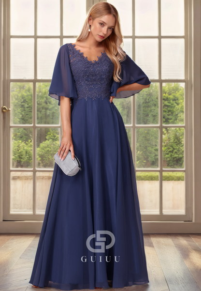 A-Line V Neck Half Sleeves Appliques Beaded Back Zipper Chiffon Mother of Bride Dress
