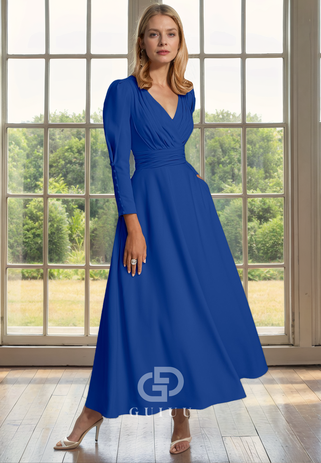 A-Line V Neck Long Sleeves Pleated Tea Length Chiffon Mother of Bride GUIUU A-Line V Neck Long Sleeves Pleated Tea Length Chiffon Mother of Bride GUIUU