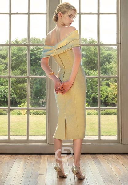 Sheath Off Shoulder Sleeveless Pleated Back Zipper Buttons Knee Length Mother of Bride Dress