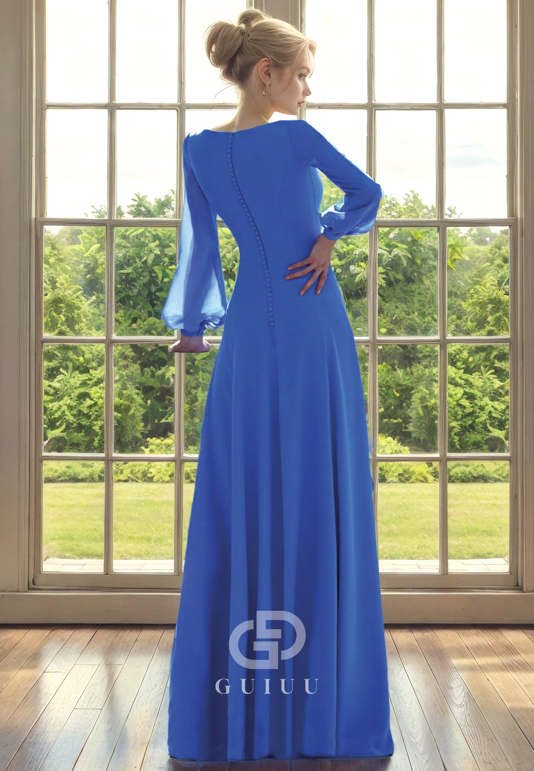 A-Line V Neck Long Sleeves Pleated Back Zipper Buttons Chiffon Mother of Bride Dress with Beaded