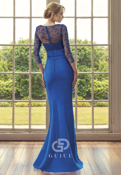 Sheath Scoop Neck 34 Length Tulle Sleeves Pleated Back Zipper Buttons Mother of Bride Dress