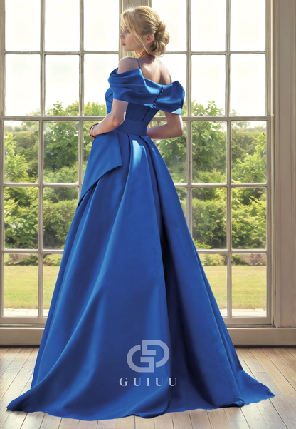 A-Line Off Shoulder Straps Sleeveles Pleated Back Zipper Buttons Mother of Bride Drses with Belt